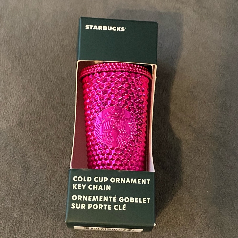 Starbucks 2022 Holiday Studded Metallic Pink Sangria Ornament Keychain Tumbler